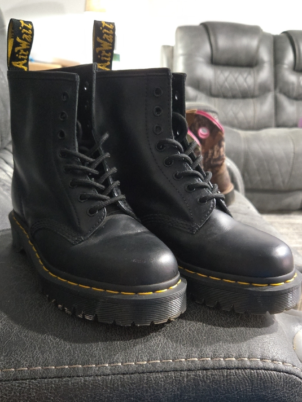 Dr. Martens Black Leather Platform Boots, Size M7, L 8